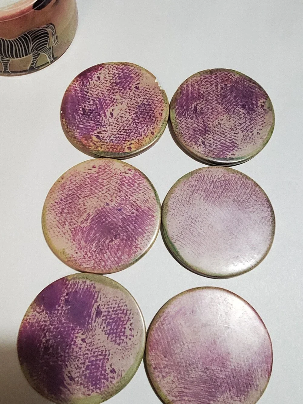 HAND CARVED SAFARI ANIMALS KENYAN SOAPSTONE COASTER SET 6.